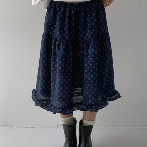 도트 땡땡이 프릴 미디 스커트 레이어드 빈티지 네이비