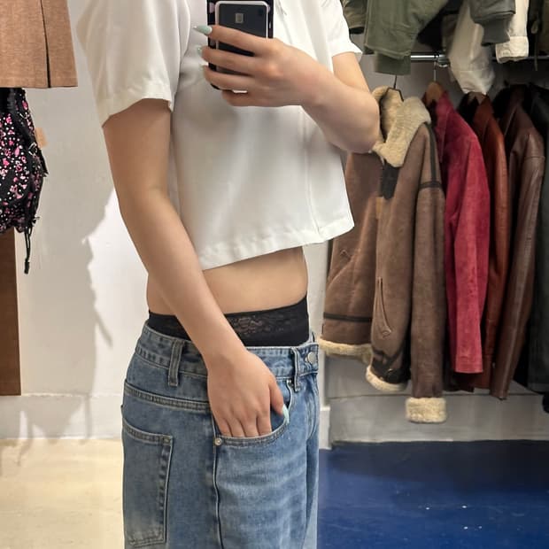 Body line 화이트 지퍼 반팔 셔츠