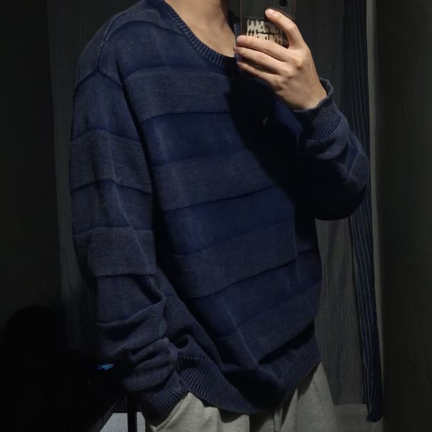 마하그리드 워시드 네이비 스트라이프 패턴 코튼 라운드넥 니트 2XL