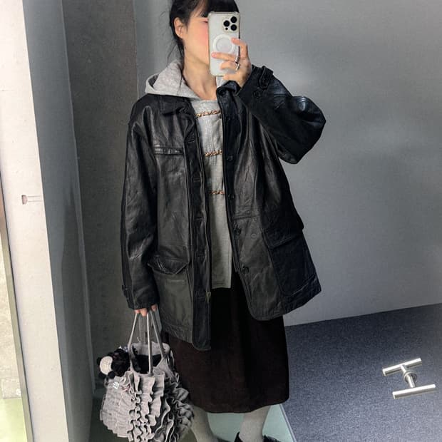 black leather half coat