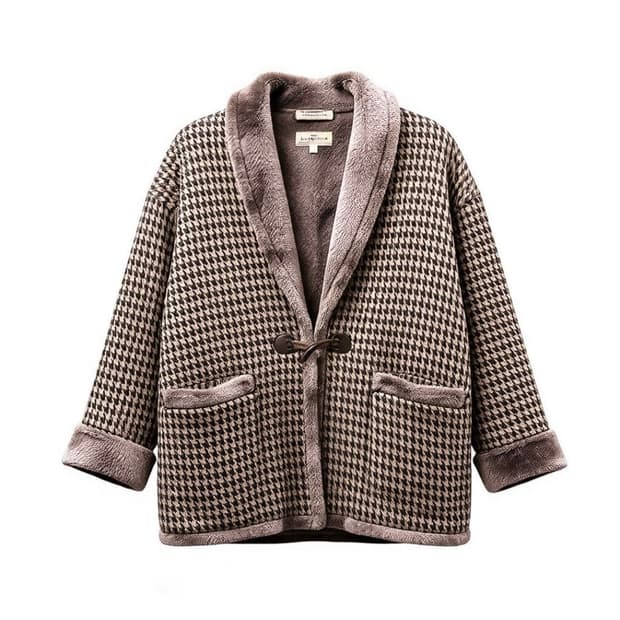 JPN VINTAGE 하운드투스 퍼 하오리자켓 우드 토글 디테일 브라운