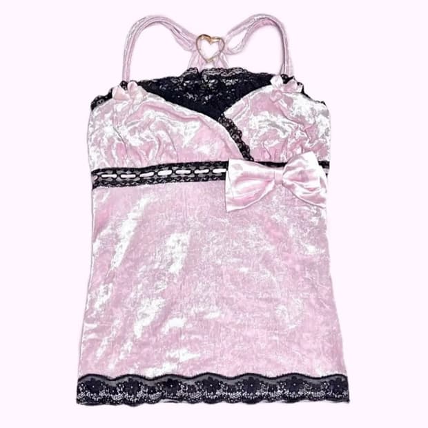 트랄라라 핀터 벨벳 딸기우유 핑크 리본 하트 캐미솔