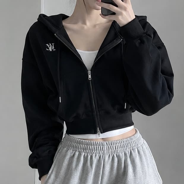우알롱 크롭 후드집업 블랙