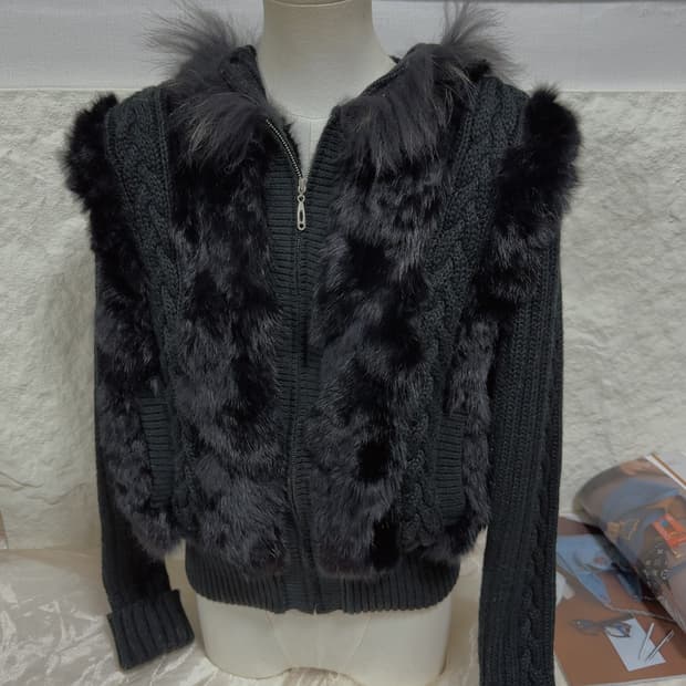 빈티지 먹색 여우털 후드 토끼털 꽈배기 니트자켓 후드집업