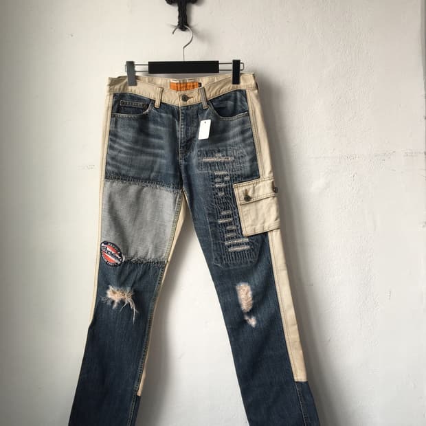 Damage pocket patch point denim pants