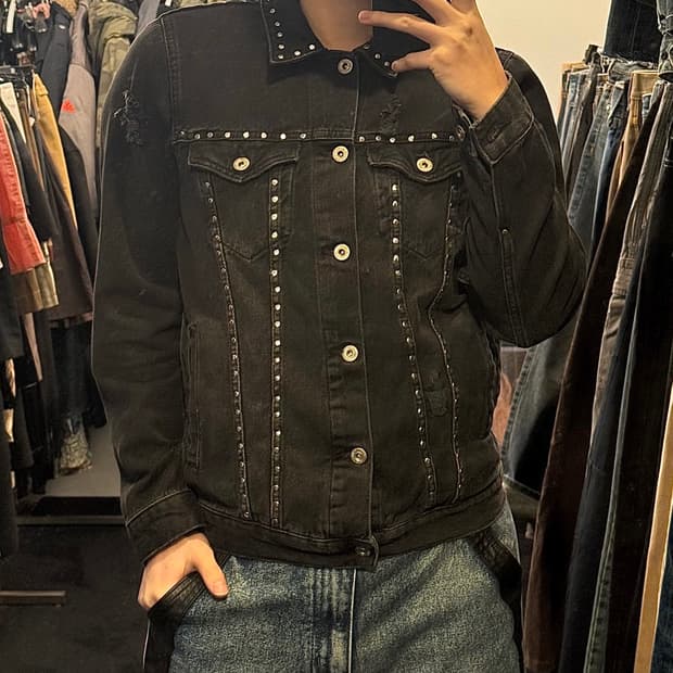 자라 스터드 찡 고스 펑크 락 흑청 데님 청 자켓 트러커 워크 락시크 M