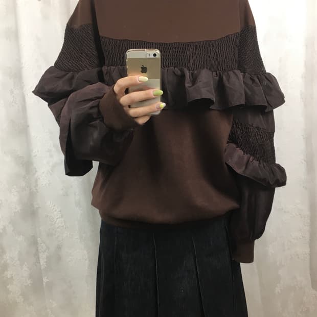 Brown frill oversized-fit sweatshirt top