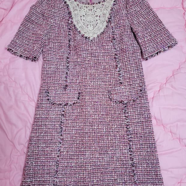 급처상태좋음!레니본 샤넬느낌 핑크 바이올렛 트위드 레이스 원피스