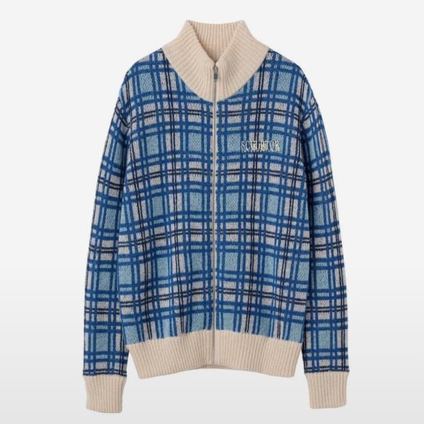 스컬프터 모헤어 체크 집업 멀티 블루