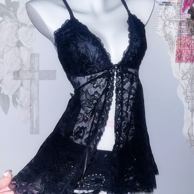 고딕 고스 히메갸루 와투케 다크엔젤 블랙 레이스 오픈 슬리브리스