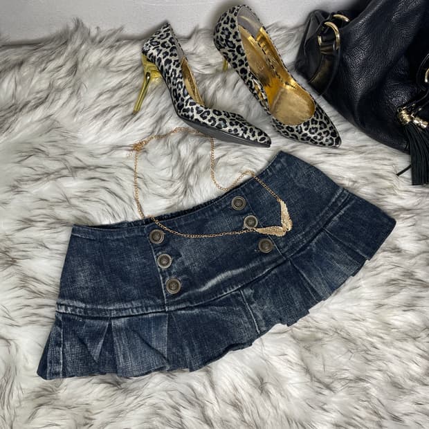 데님 버튼 로우라이즈 플리츠 스커트
