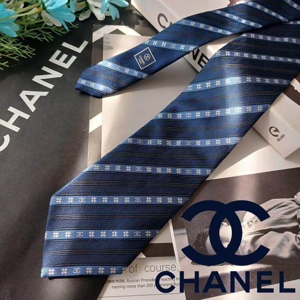 샤넬 실크 블루 자카드 로고 패턴 넥타이 9.5cm A~B등급 E849
