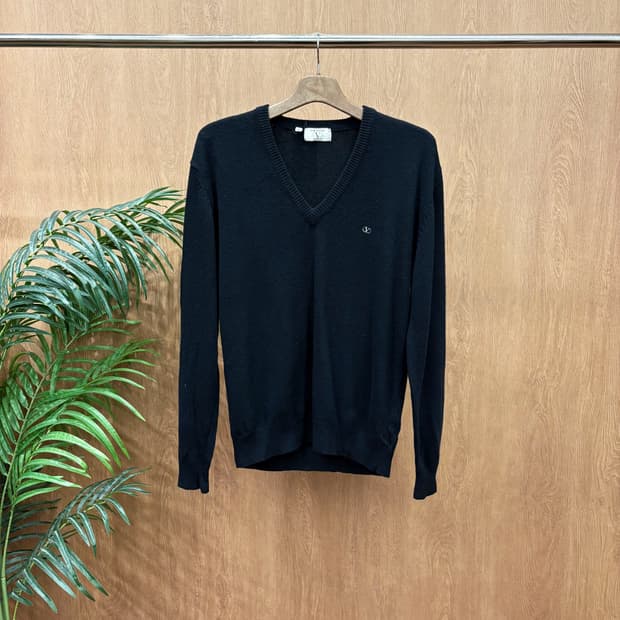 발렌티노 딥 브이넥 긴팔 울 니트 클래식 로고 자수 리브 디테일 블랙