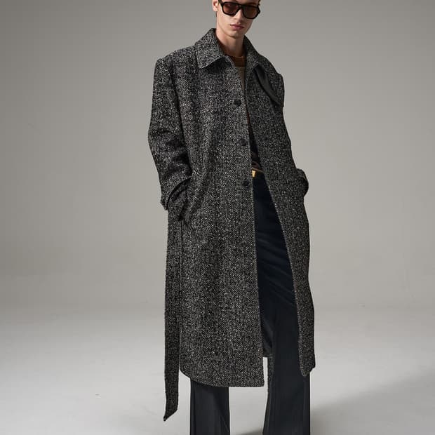 [L] 노이스 오버사이즈 벨티드 울 발마칸 - 차콜 헤링본 새상품