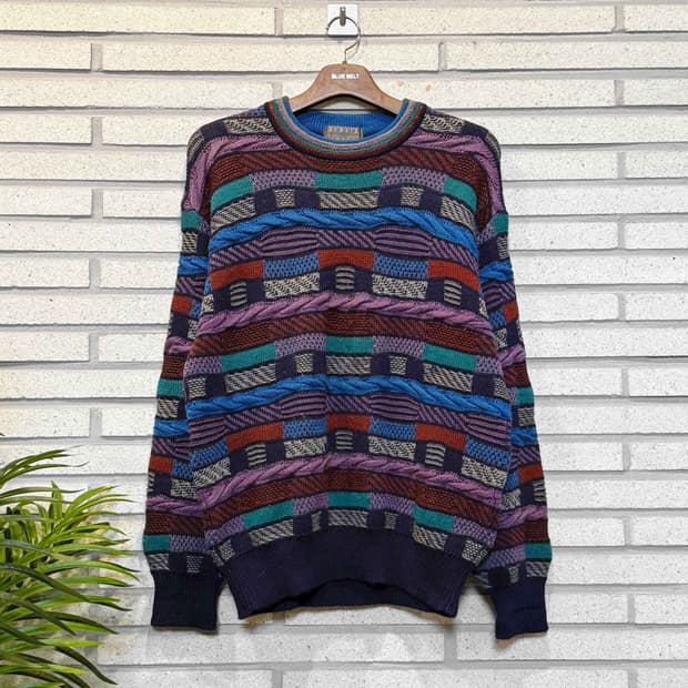 JPN VINTAGE 멀티 케이블 패치워크 울니트 믹스패턴 디테일