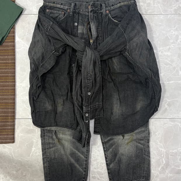 미하라 야스히로 셔츠 레이어드 데님 카프리 팬츠