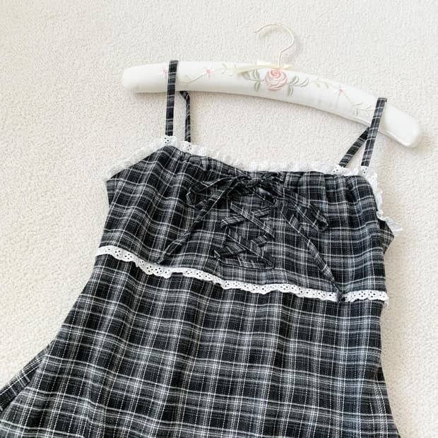 블랙 체크 베이비돌 리본 원피스