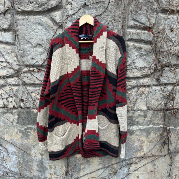 80~90s 폴로 랄프로렌 나바호 패턴 네이티브 문양 핸드 니트 가디건
