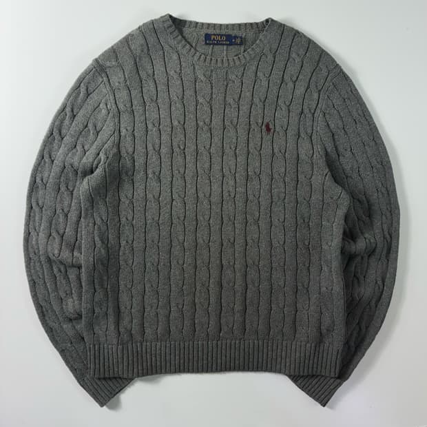 Polo  폴로 랄프로렌 자수 코튼 그레이 꽈배기 니트 