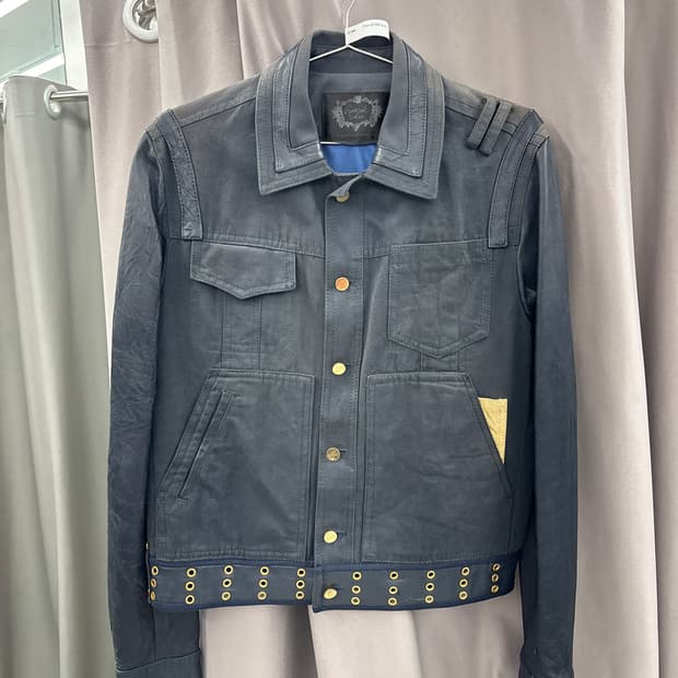 골드네이비 레더소매 코튼자켓