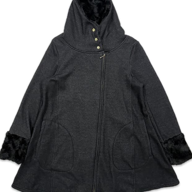 빈티지 블랙 안기모 사선 지퍼 플레어 롱 스웨트 자켓