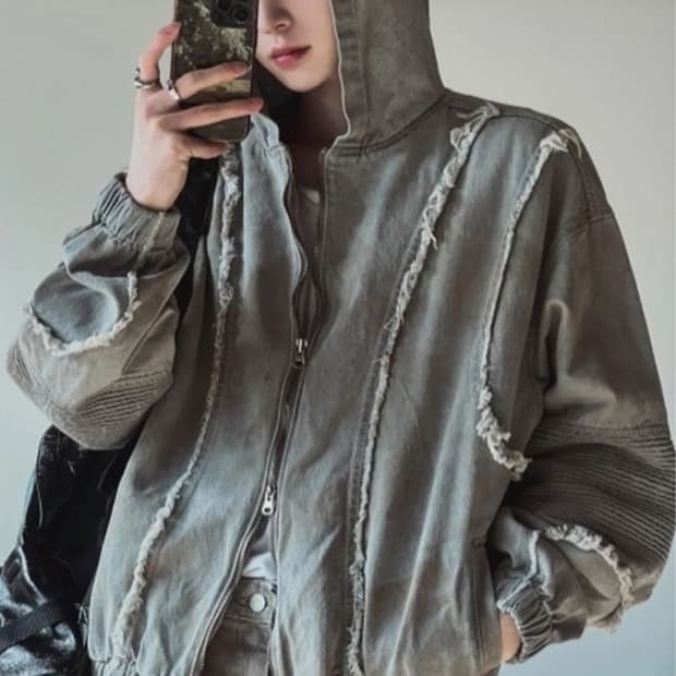 데미지 워싱 워크 후드집업