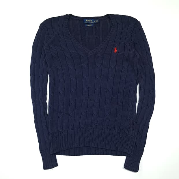 CK005 XS 폴로 피마코튼 브이넥 케이블 네이비 니트 스웨터