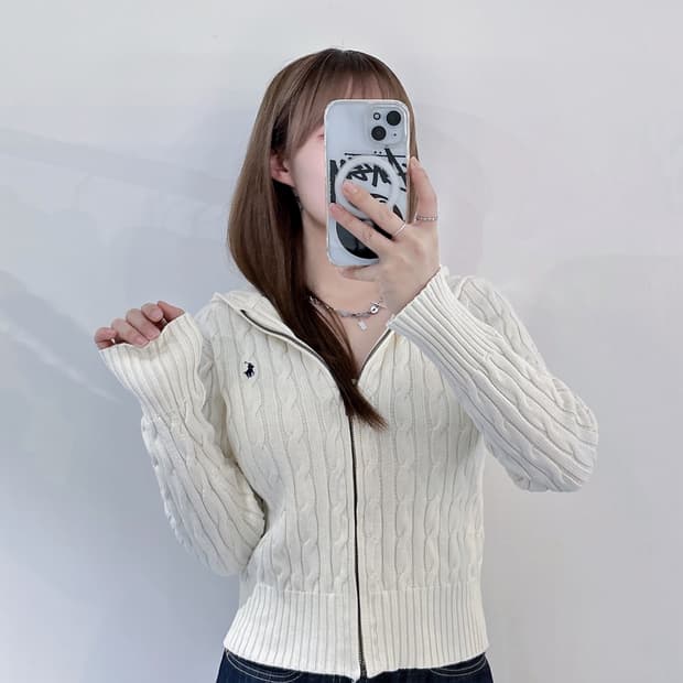 폴로랄프로렌 네이비포니 베이지 케이블 니트 후드집업