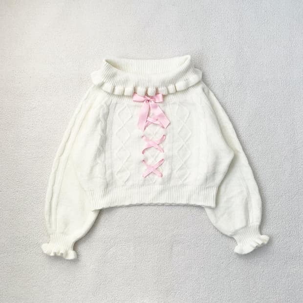 히메갸루 오프숄더 리본 니트