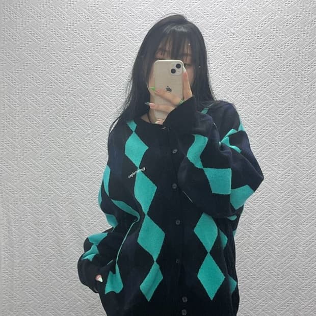 MMLG 빈티지 유니크 키치 민트 아가일 울 가디건 L C08892