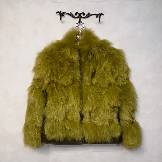 Olive brown lamb skin fox fur jacket 