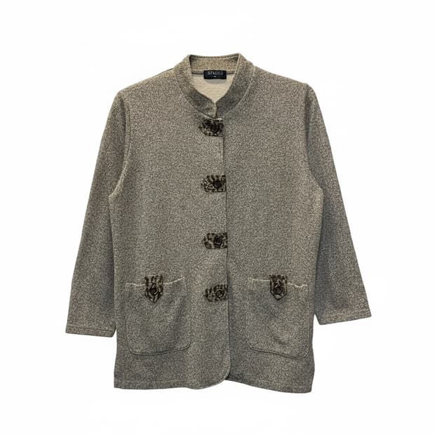 JPN VINTAGE 클래식 노카라 버튼 자켓 호피 패브릭 디테일 베이지