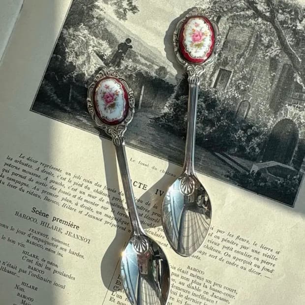 일본 실버플레이트 포셀린장식 티스푼세트