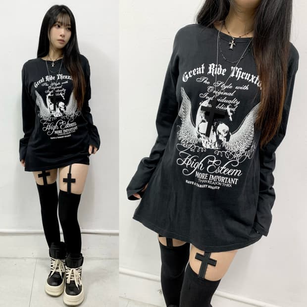[THRUXTON] 펑크 스컬 날개 레터링 롱슬리브