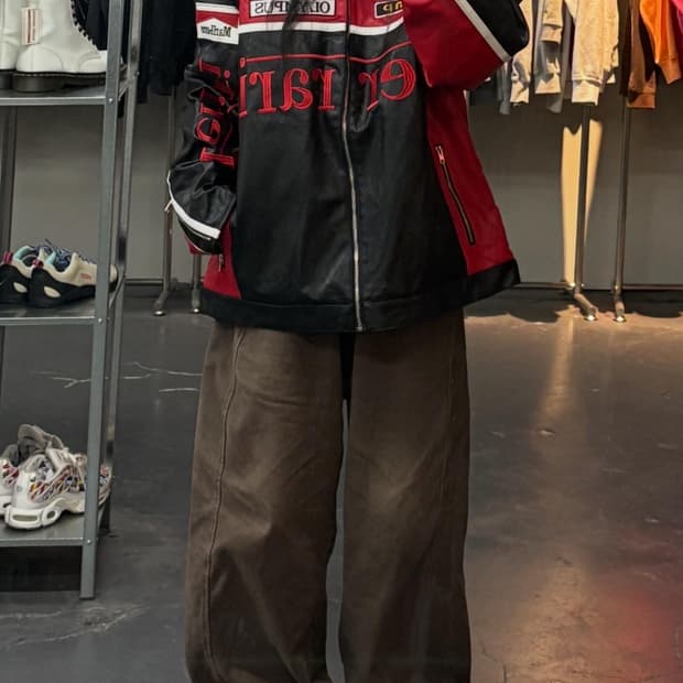 페라리 말보로 패치워크 레드 배색 레더 레이싱 자켓 A3400