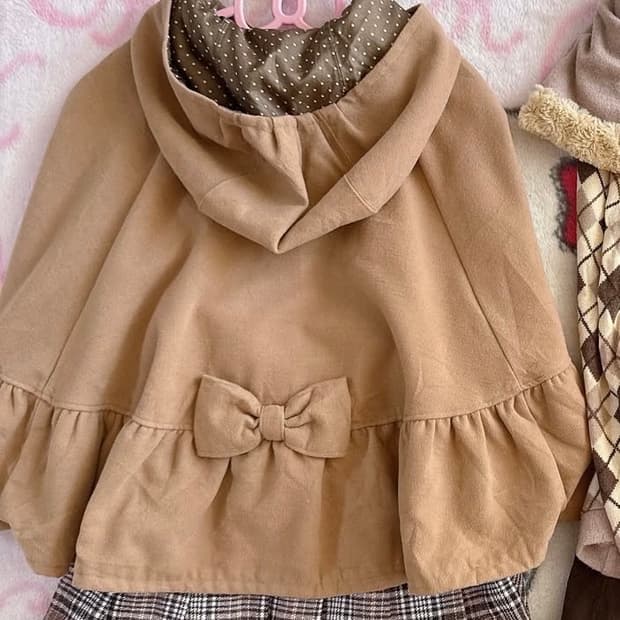 메조피아노 브라운 리본 도트 땡땡이 케이프 코트 라떼 히메 갸루 러