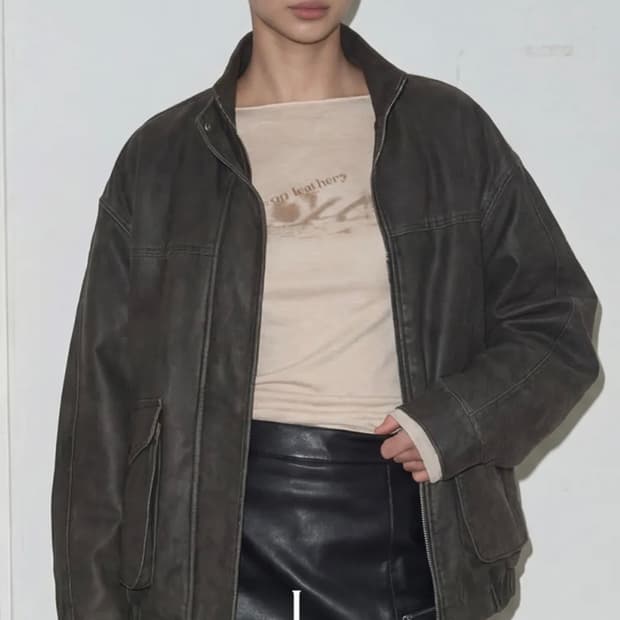 레더리 더블 포켓 워시드 레더 블루종 자켓 S