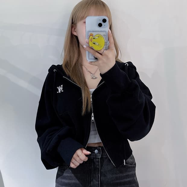 우알롱 블랙 투웨이 크롭 후드집업