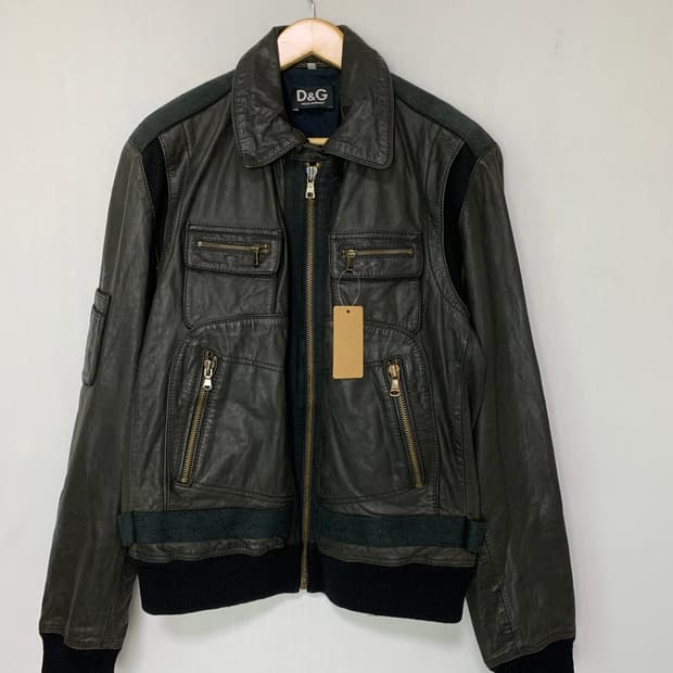 D&G 돌체앤가바나 빈티지 니트 배색 레더 자켓 카키 가죽자켓