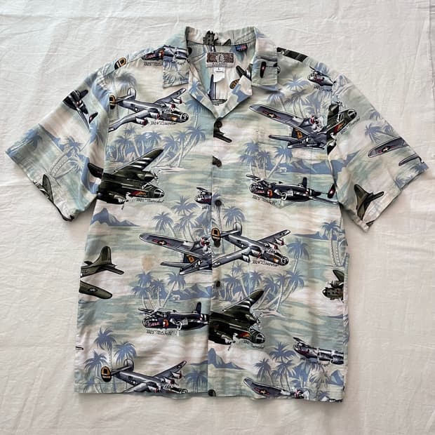 90s USA 빈티지 WWII 폭격기 하와이안 셔츠