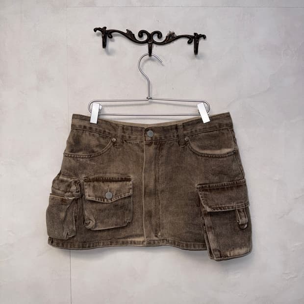 Brown denim multi pocket cargo skirt