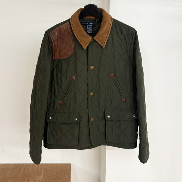 랄프 로렌 카키 가죽 숄더 패치 퀄팅 자켓