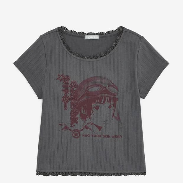 허그유어스킨 긱 걸 프린트 레이스 탑 (차콜)