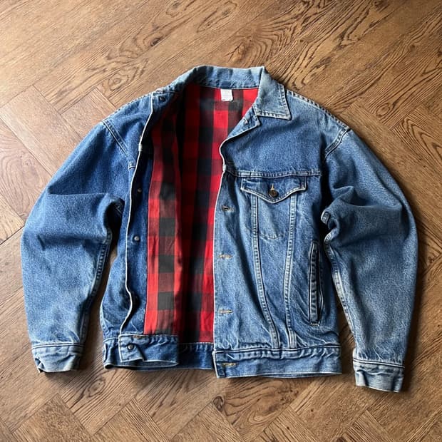 [S]90's USA 빈티지 버팔로 체크 라이닝 데님 트러커 자켓