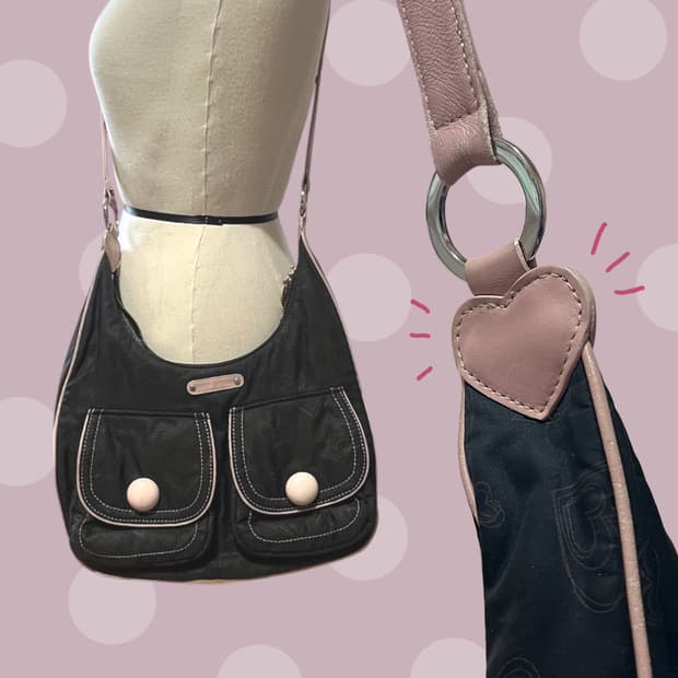 바나바나 베이비핑크&블랙 하트포인트 빈티지 크로스백