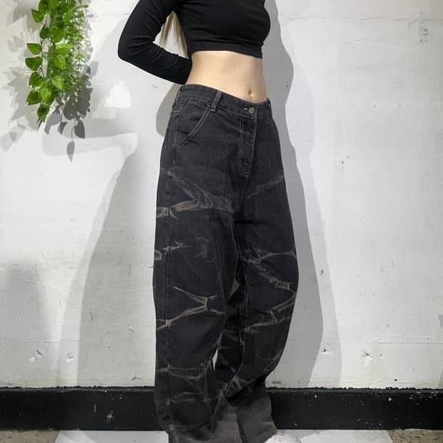 일본 빈티지 패턴 워싱 와이드 스트릿 와이드 흑청 데님 청바지 