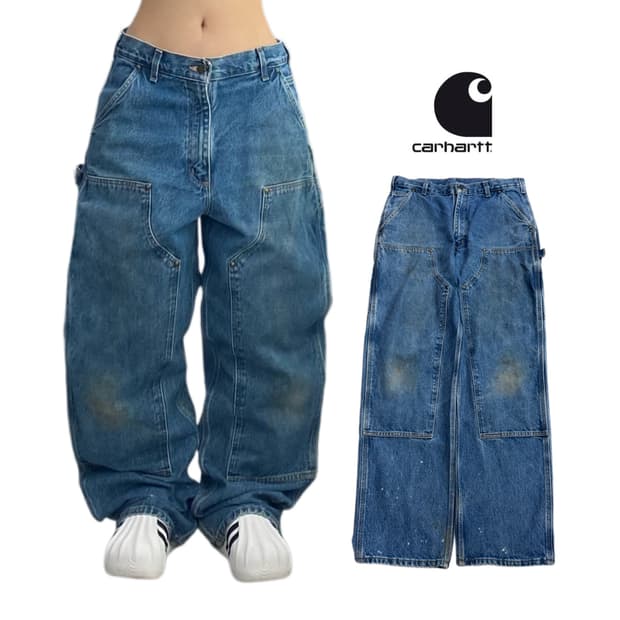 칼하트 OG 더블니 가죽패치 카펜터 와이드 워크 데님 팬츠