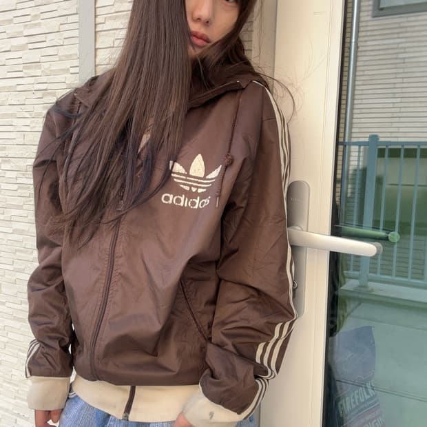 90s ADIDAS 초코브라운 후드 윈드브레이커