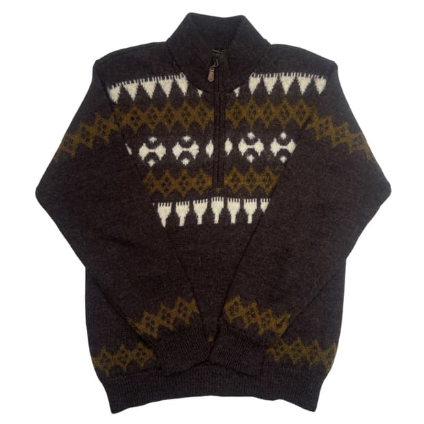 빈티지 에스닉 패턴 반집업 울 니트 스웨터 L