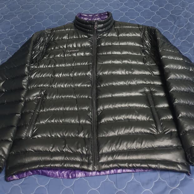 (빈티지) 험멜 올드스쿨 자수로고 구스다운 곱창 유광패딩 블랙 (XL)